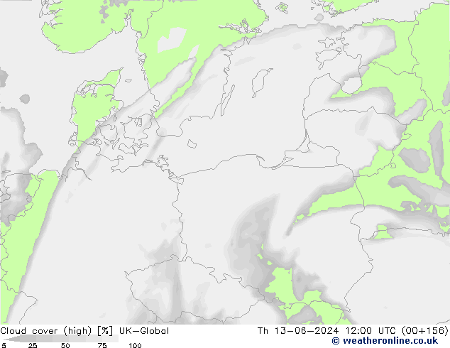 Cloud cover (high) UK-Global Th 13.06.2024 12 UTC