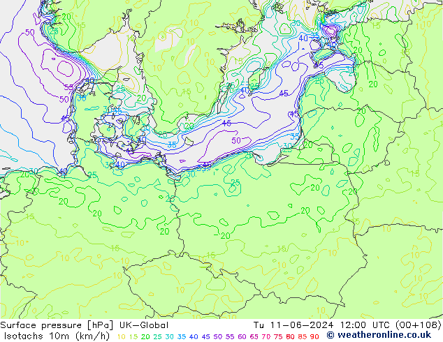 Isotachs (kph) UK-Global mar 11.06.2024 12 UTC