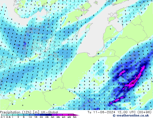 Precipitazione (12h) UK-Global mar 11.06.2024 00 UTC