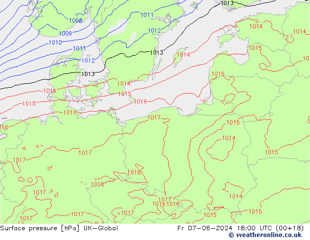 Pressione al suolo UK-Global ven 07.06.2024 18 UTC