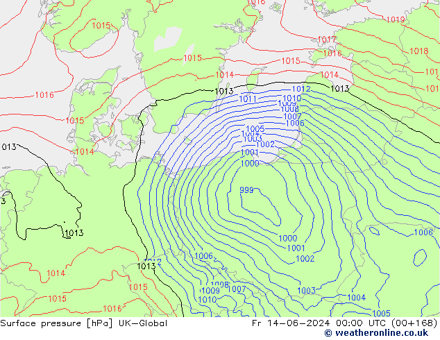 Surface pressure UK-Global Fr 14.06.2024 00 UTC