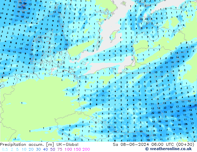 Precipitation accum. UK-Global so. 08.06.2024 06 UTC