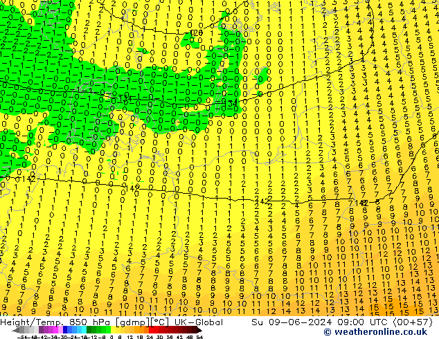 Height/Temp. 850 hPa UK-Global Ne 09.06.2024 09 UTC