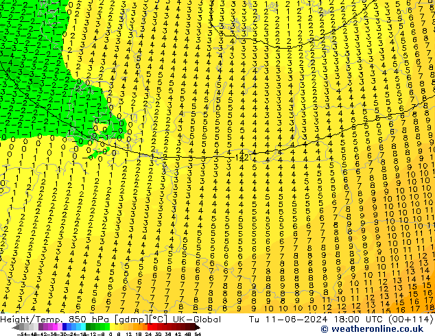 Height/Temp. 850 hPa UK-Global Tu 11.06.2024 18 UTC