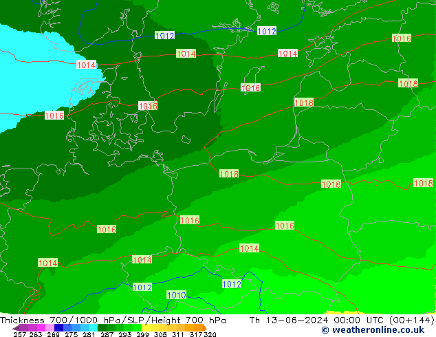 Espesor 700-1000 hPa UK-Global jue 13.06.2024 00 UTC