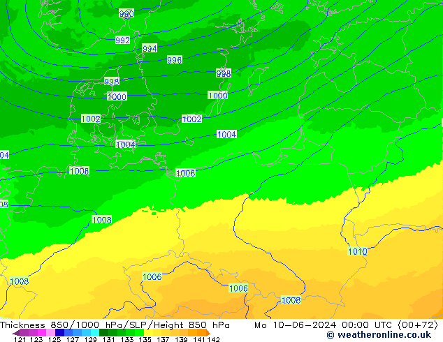 Thck 850-1000 hPa UK-Global pon. 10.06.2024 00 UTC