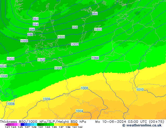 850-1000 hPa Kalınlığı UK-Global Pzt 10.06.2024 03 UTC