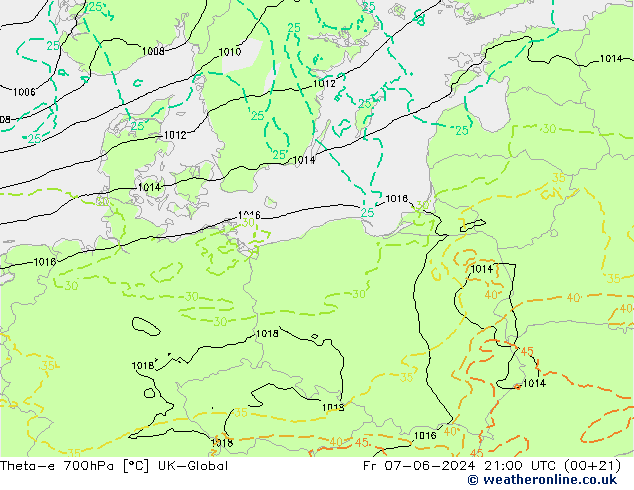 Theta-e 700hPa UK-Global Fr 07.06.2024 21 UTC
