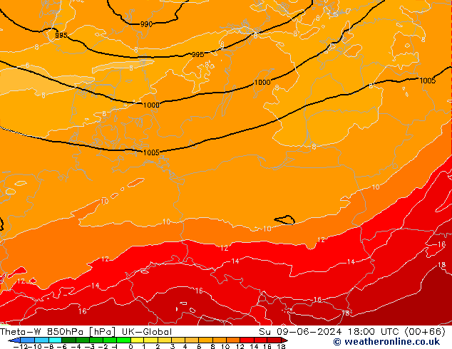Theta-W 850hPa UK-Global  09.06.2024 18 UTC