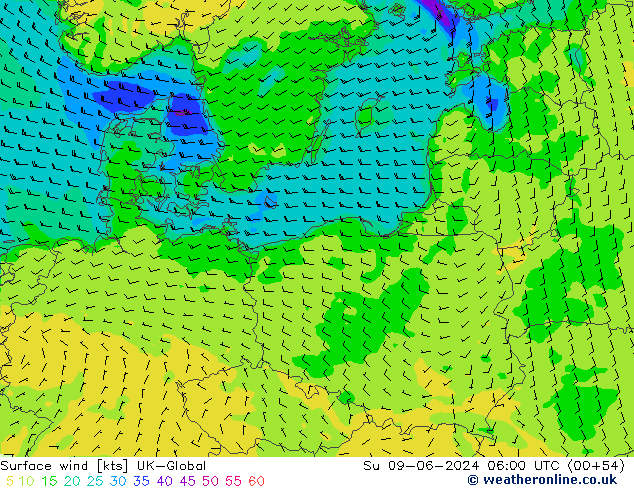 Surface wind UK-Global Ne 09.06.2024 06 UTC