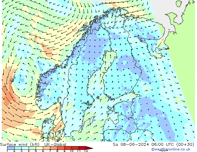 Wind 10 m (bft) UK-Global za 08.06.2024 06 UTC