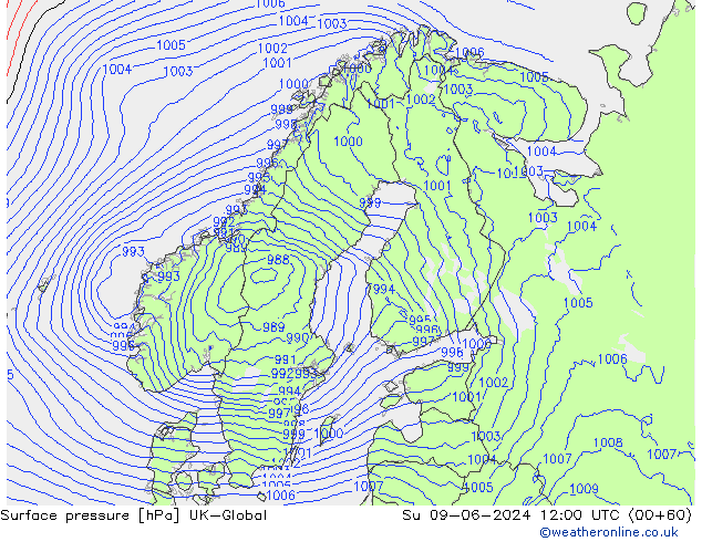 Surface pressure UK-Global Su 09.06.2024 12 UTC