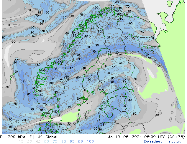 RH 700 hPa UK-Global pon. 10.06.2024 06 UTC