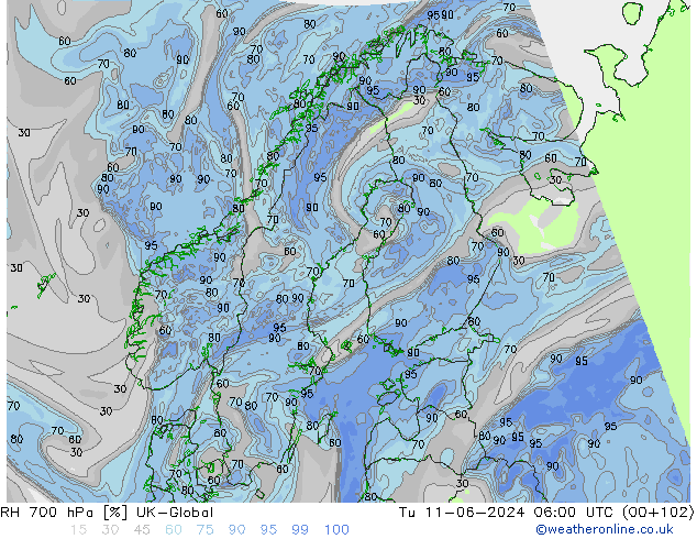 RH 700 hPa UK-Global mar 11.06.2024 06 UTC