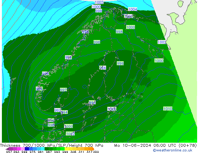 Dikte700-1000 hPa UK-Global ma 10.06.2024 06 UTC