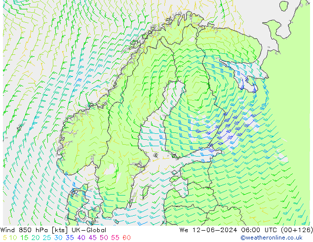 Wind 850 hPa UK-Global wo 12.06.2024 06 UTC