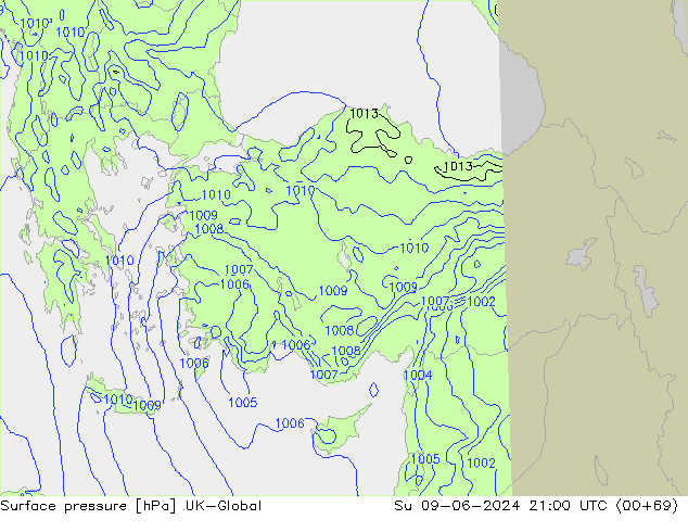 Presión superficial UK-Global dom 09.06.2024 21 UTC