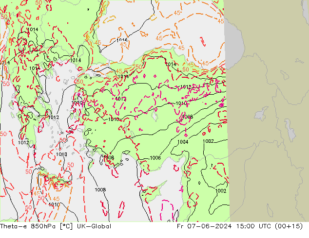 Theta-e 850hPa UK-Global Fr 07.06.2024 15 UTC