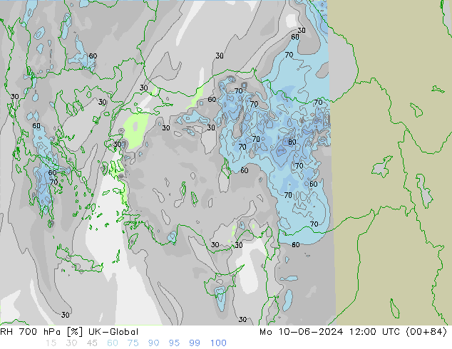 RH 700 hPa UK-Global Mo 10.06.2024 12 UTC