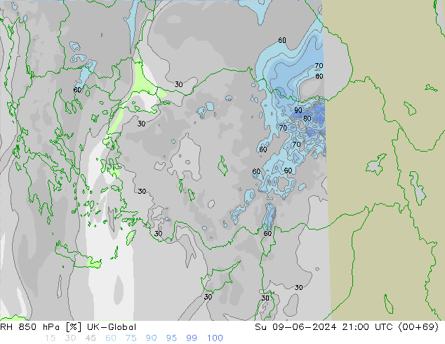 RH 850 гПа UK-Global Вс 09.06.2024 21 UTC