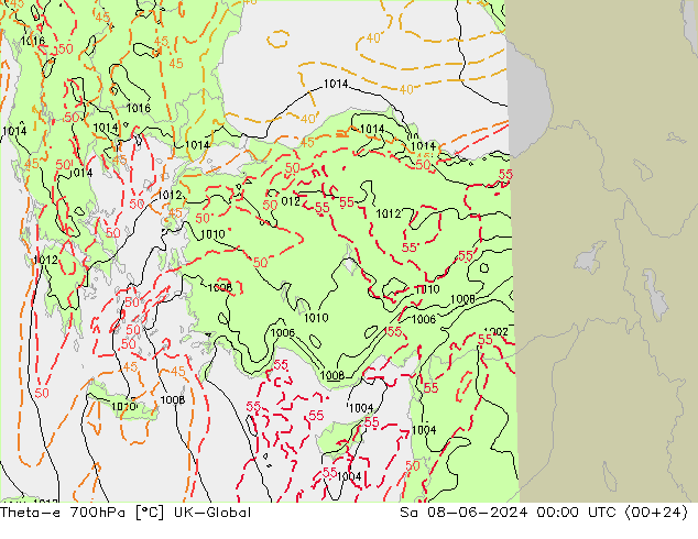Theta-e 700hPa UK-Global za 08.06.2024 00 UTC