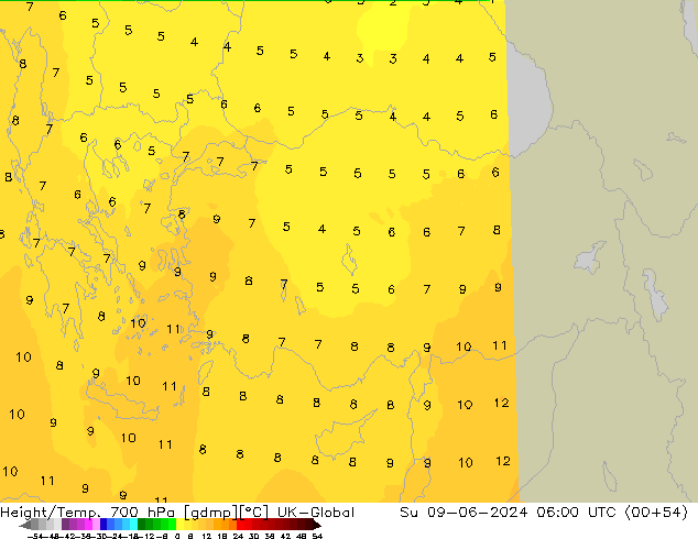 Height/Temp. 700 hPa UK-Global Dom 09.06.2024 06 UTC