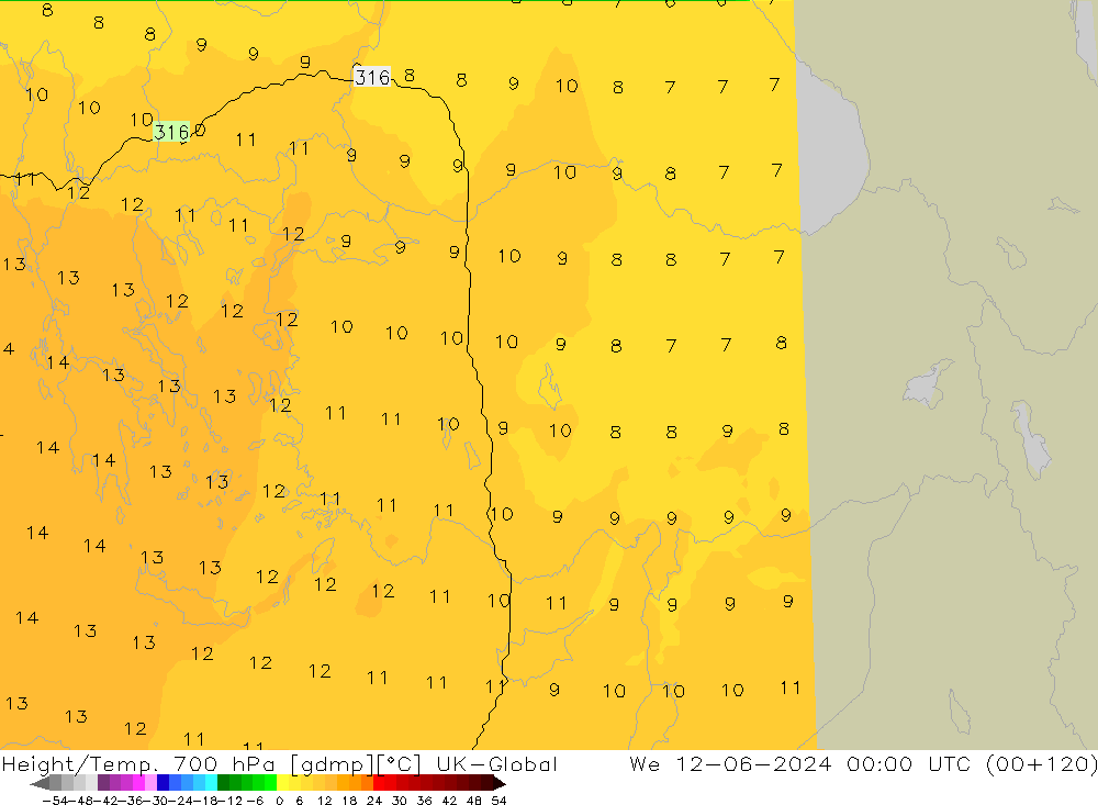 Height/Temp. 700 гПа UK-Global ср 12.06.2024 00 UTC