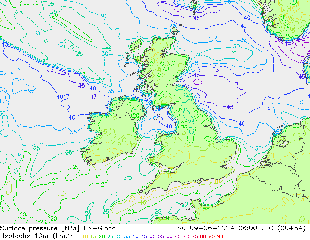 Isotachs (kph) UK-Global Dom 09.06.2024 06 UTC