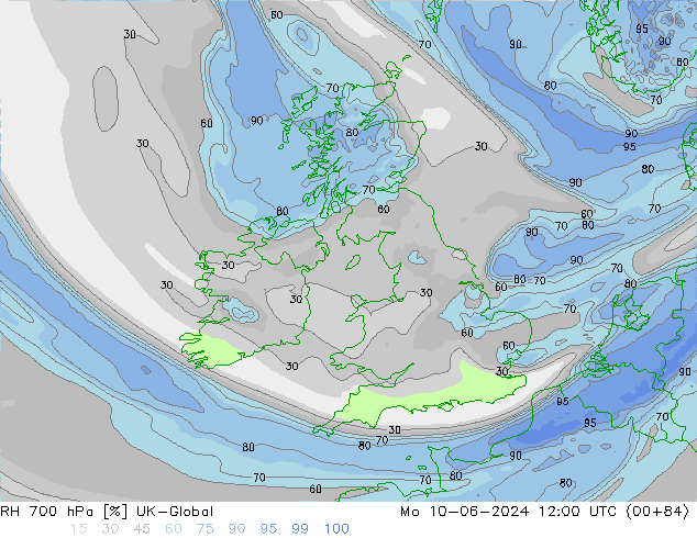 RH 700 hPa UK-Global Mo 10.06.2024 12 UTC