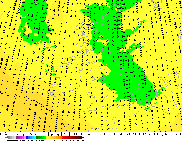 Height/Temp. 850 hPa UK-Global Fr 14.06.2024 00 UTC