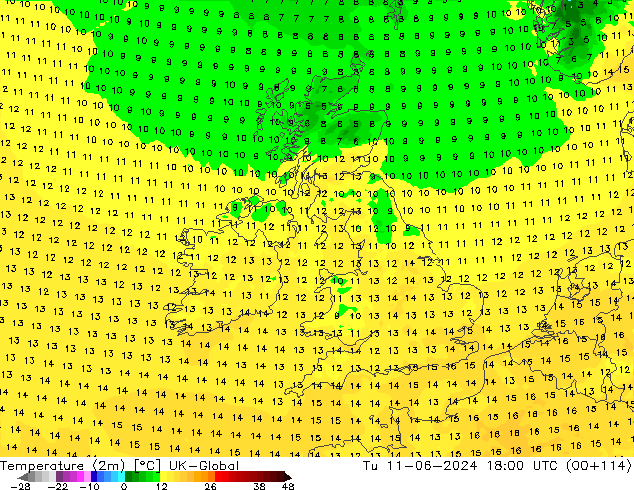 Temperature (2m) UK-Global Tu 11.06.2024 18 UTC