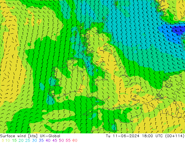 Surface wind UK-Global Tu 11.06.2024 18 UTC