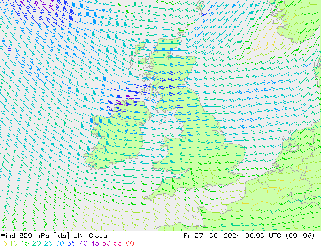 Wind 850 hPa UK-Global Fr 07.06.2024 06 UTC