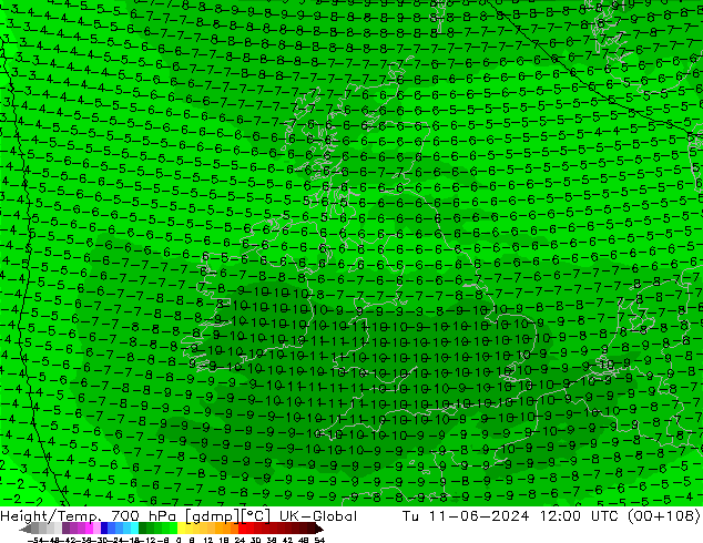 Height/Temp. 700 hPa UK-Global Di 11.06.2024 12 UTC