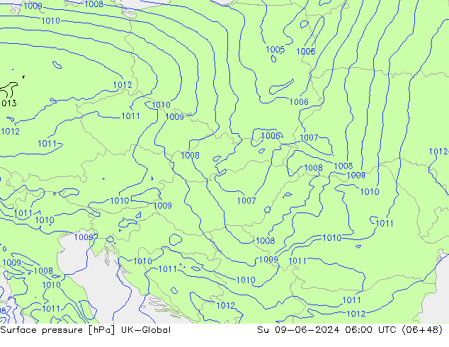 Pressione al suolo UK-Global dom 09.06.2024 06 UTC