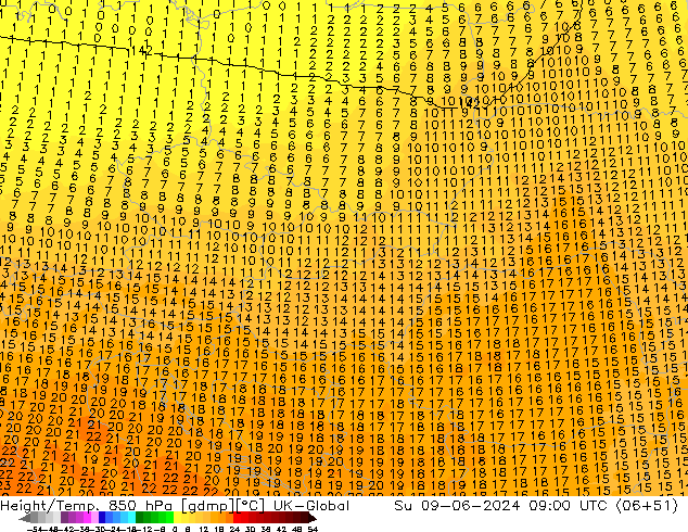 Yükseklik/Sıc. 850 hPa UK-Global Paz 09.06.2024 09 UTC