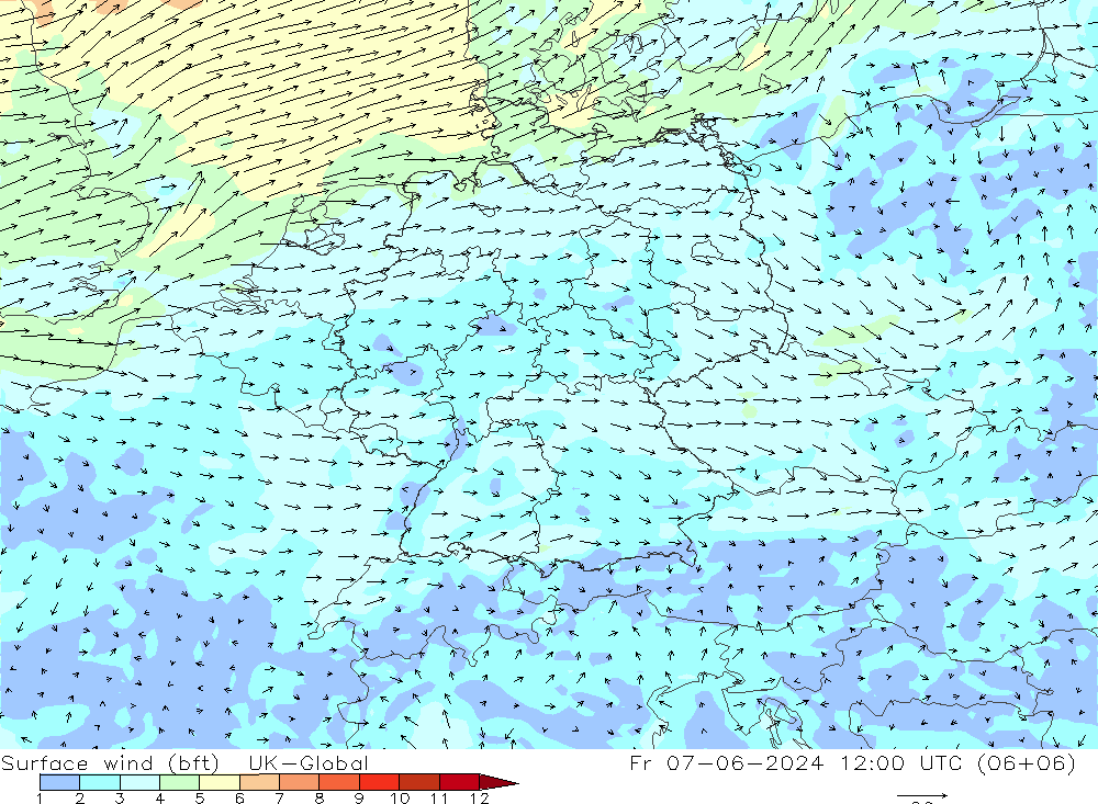 Surface wind (bft) UK-Global Pá 07.06.2024 12 UTC