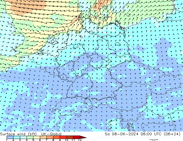 Surface wind (bft) UK-Global Sa 08.06.2024 06 UTC