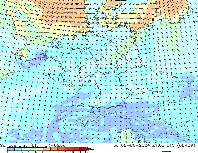 Vento 10 m (bft) UK-Global sab 08.06.2024 21 UTC