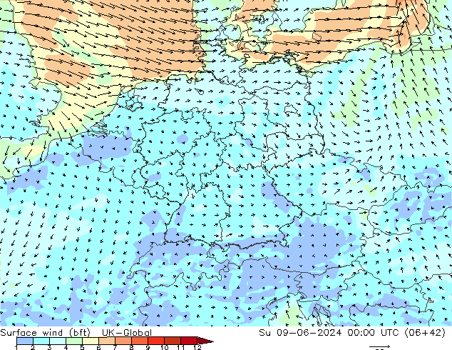 Surface wind (bft) UK-Global Su 09.06.2024 00 UTC