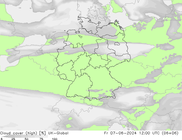 Cloud cover (high) UK-Global Fr 07.06.2024 12 UTC