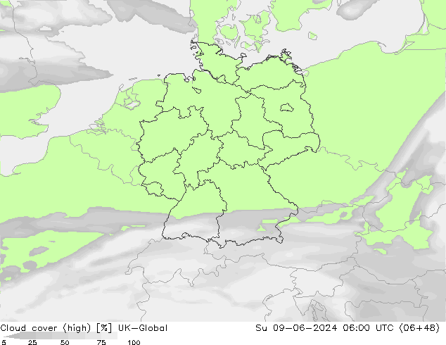 Cloud cover (high) UK-Global Su 09.06.2024 06 UTC