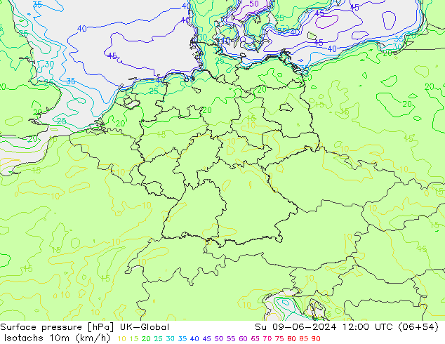 Isotachs (kph) UK-Global Su 09.06.2024 12 UTC