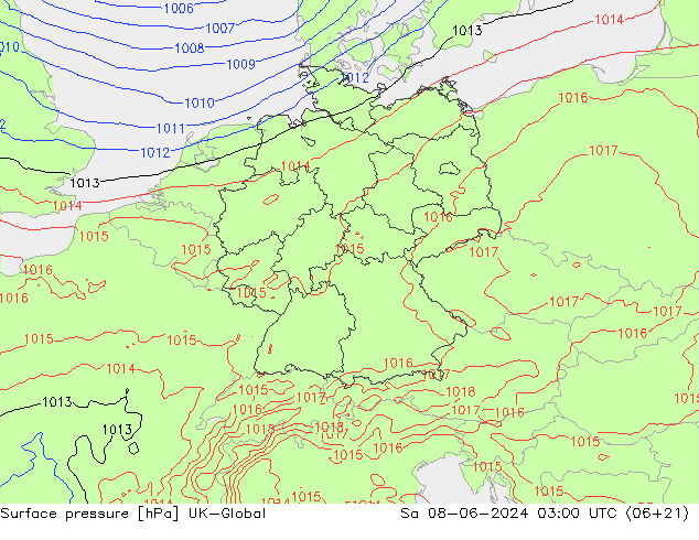 Atmosférický tlak UK-Global So 08.06.2024 03 UTC