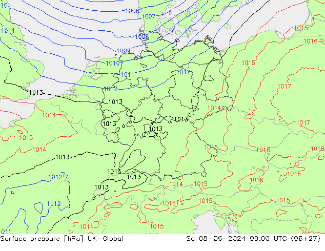 Pressione al suolo UK-Global sab 08.06.2024 09 UTC