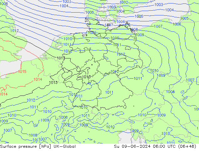 Surface pressure UK-Global Su 09.06.2024 06 UTC