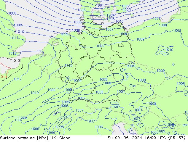 Presión superficial UK-Global dom 09.06.2024 15 UTC