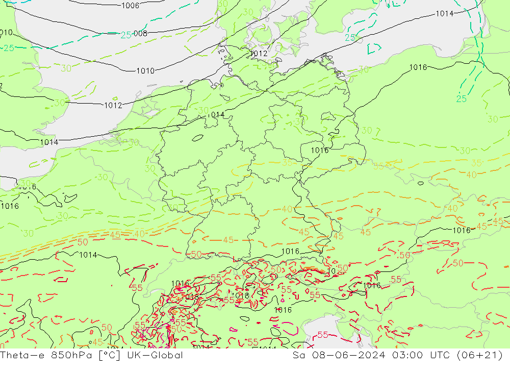 Theta-e 850hPa UK-Global so. 08.06.2024 03 UTC