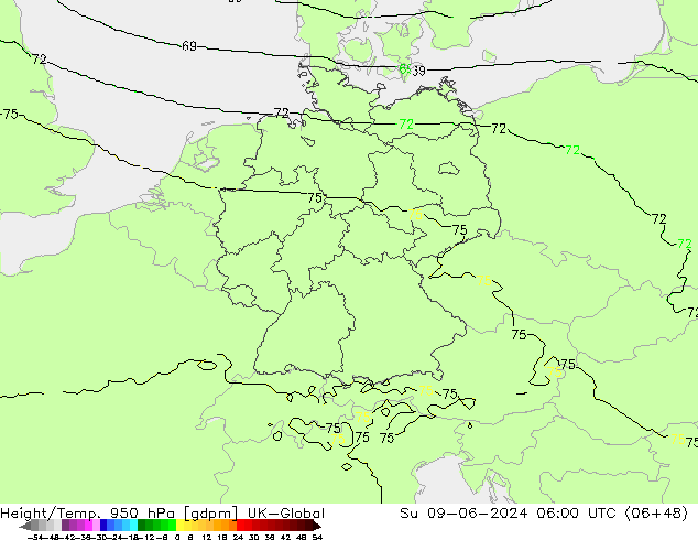Hoogte/Temp. 950 hPa UK-Global zo 09.06.2024 06 UTC
