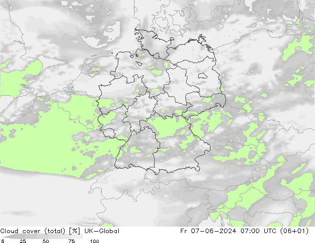 Bewolking (Totaal) UK-Global vr 07.06.2024 07 UTC